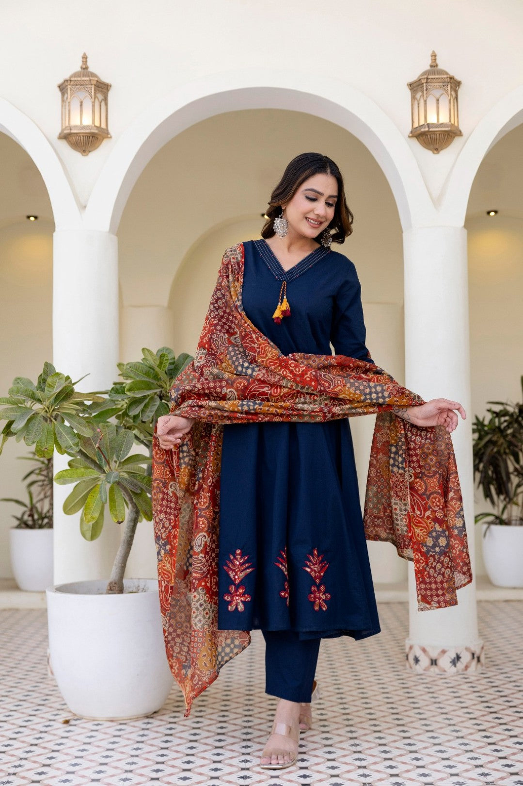 Shruti Navy Cotton Embroidered Suit Set
