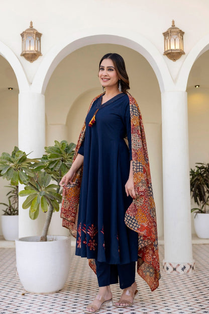 Shruti Navy Cotton Embroidered Suit Set