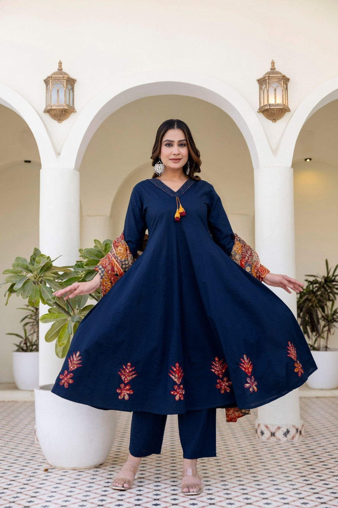 Shruti Navy Cotton Embroidered Suit Set