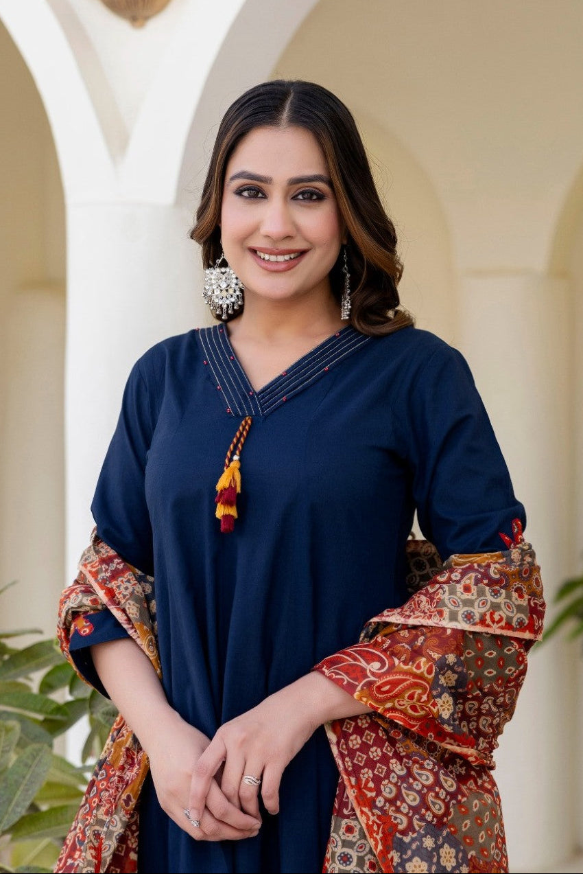 Shruti Navy Cotton Embroidered Suit Set