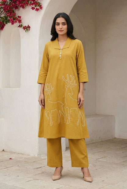 Sargi canary dori work cotton kurta pant set