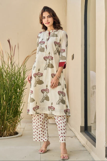 Tatva Cream cotton kurta pant set
