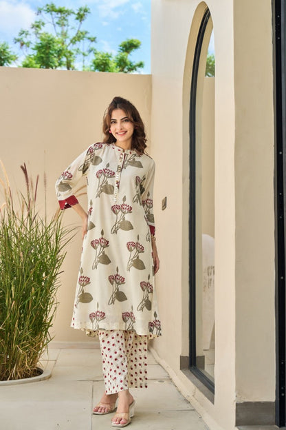 Tatva Cream cotton kurta pant set