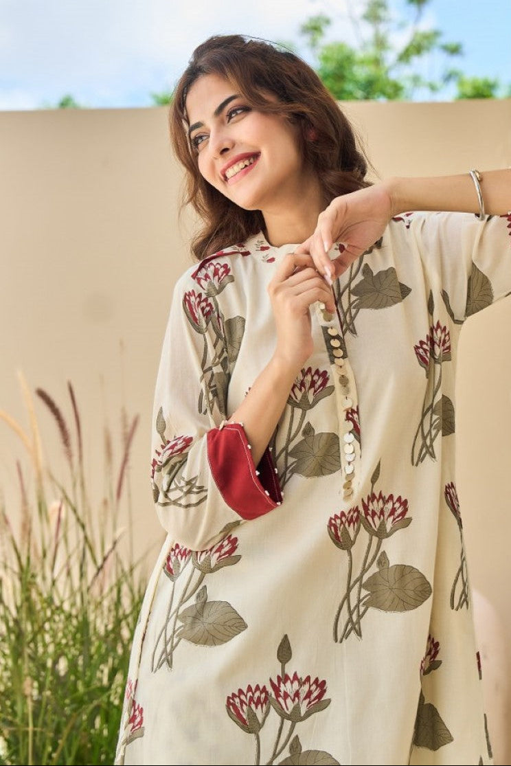Tatva Cream cotton kurta pant set