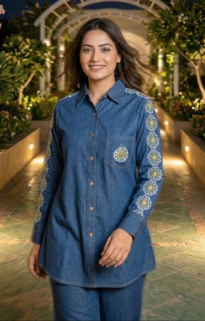 Poppi celest embroidery denim co-ord set