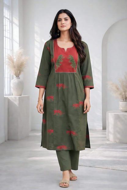 Abira Olive Printed Kurta pant set