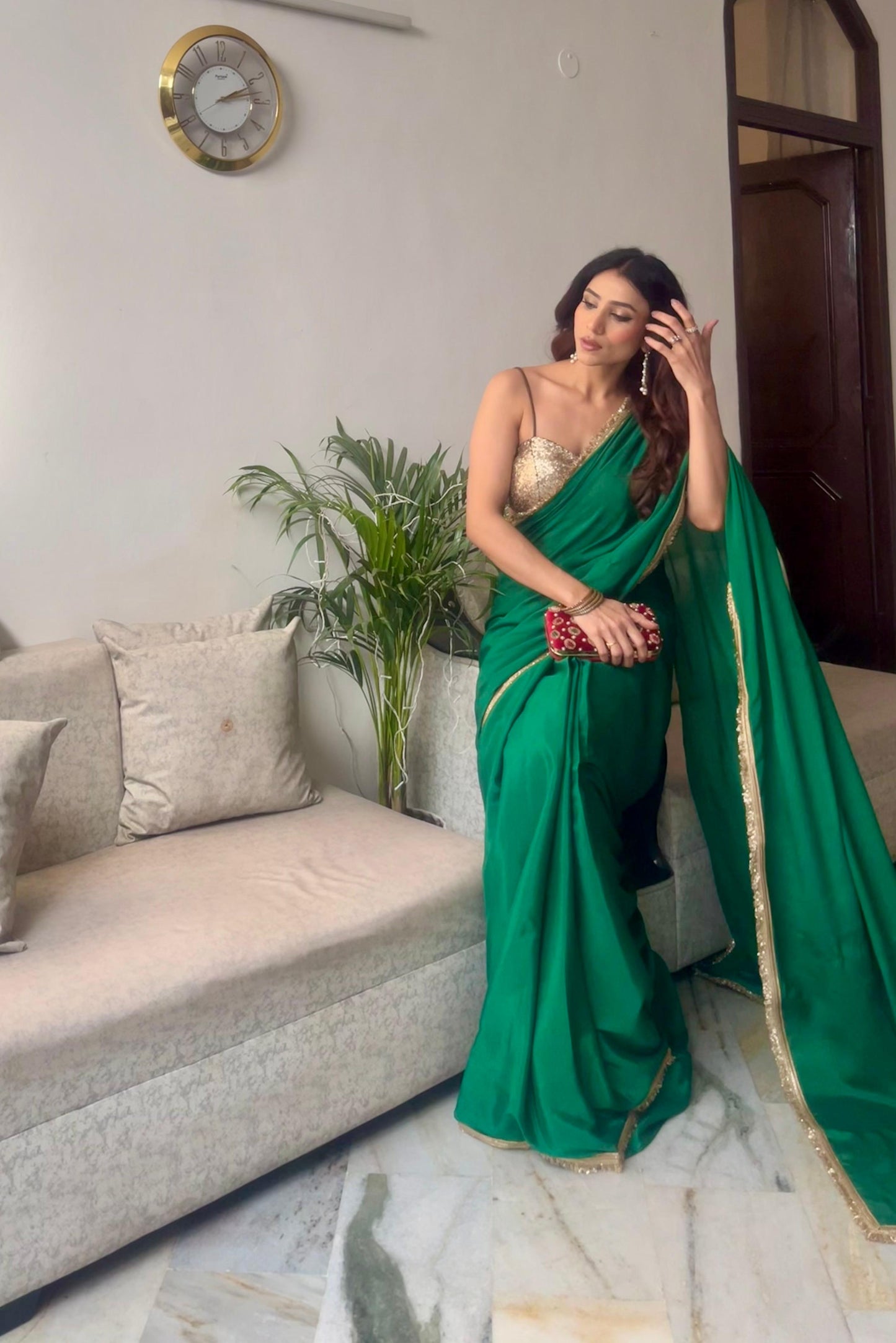 Dhiyona ST Crepe Green Saree with Sequin Laces and Self Blouse Fabric