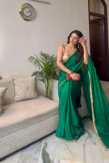 Dhiyona ST Crepe Green Saree with Sequin Laces and Self Blouse Fabric