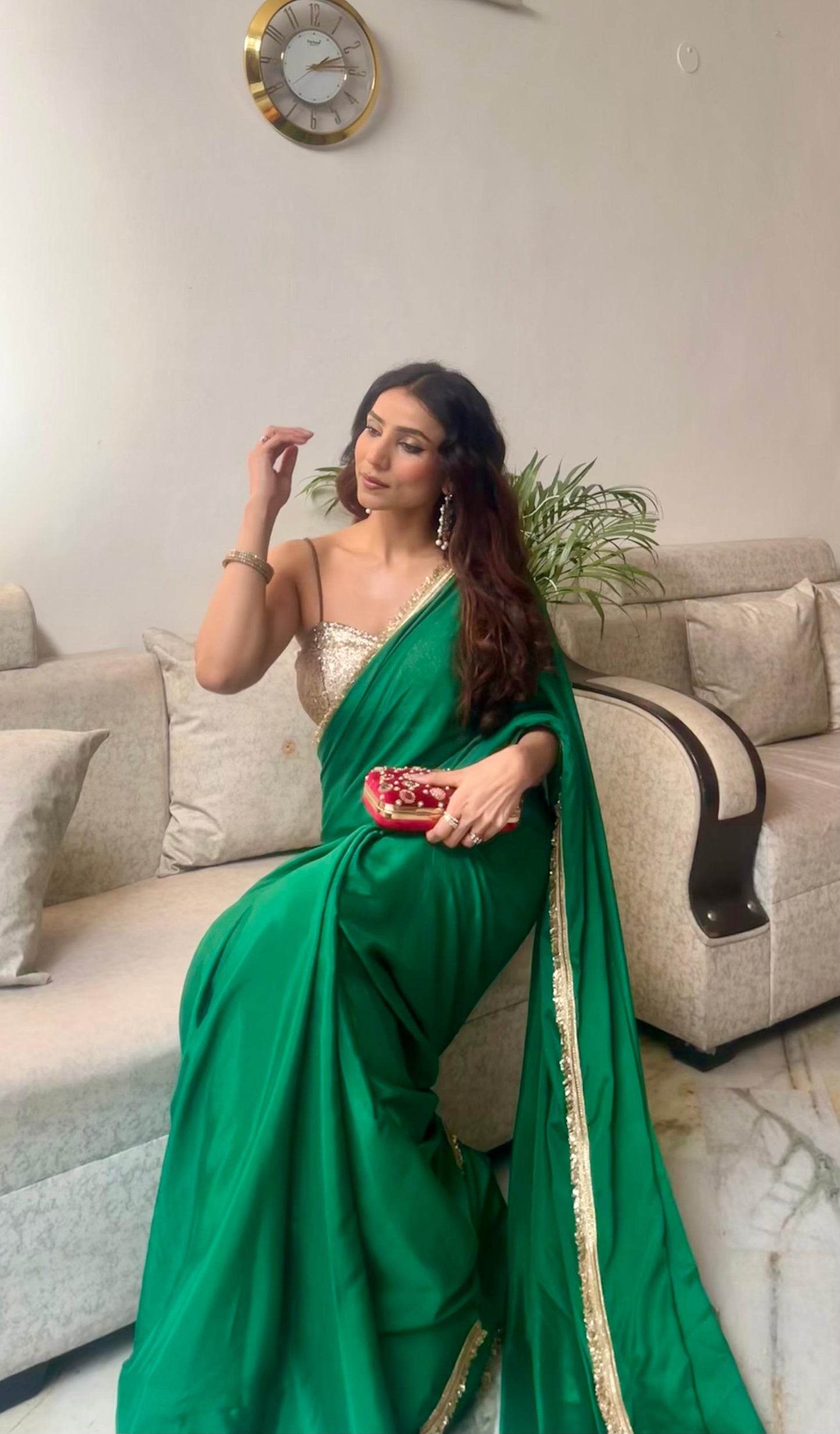Dhiyona ST Crepe Green Saree with Sequin Laces and Self Blouse Fabric
