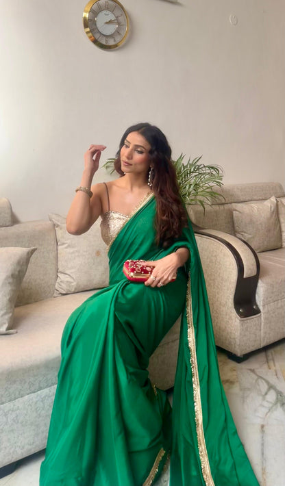 Dhiyona ST Crepe Green Saree with Sequin Laces and Self Blouse Fabric
