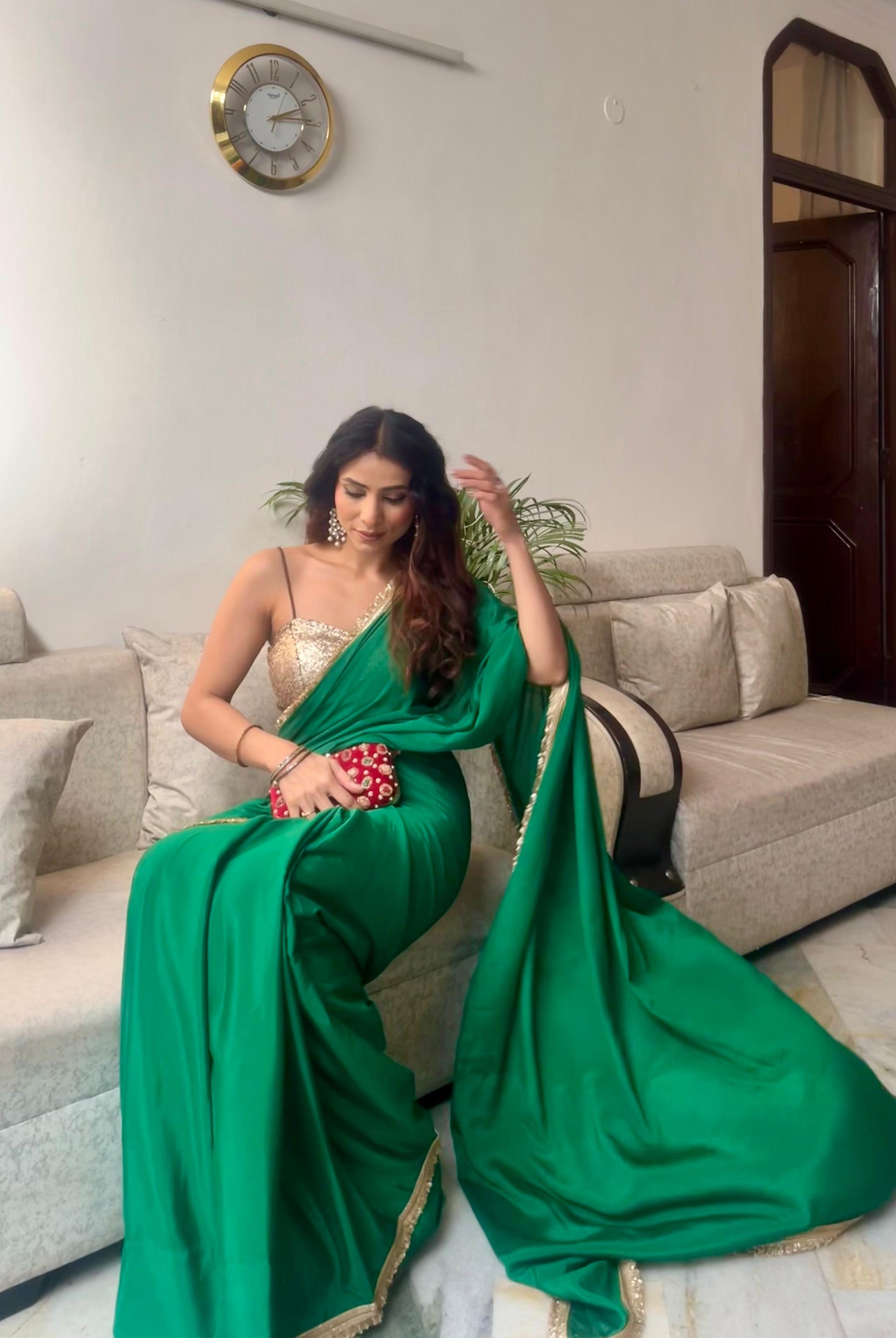 Dhiyona ST Crepe Green Saree with Sequin Laces and Self Blouse Fabric