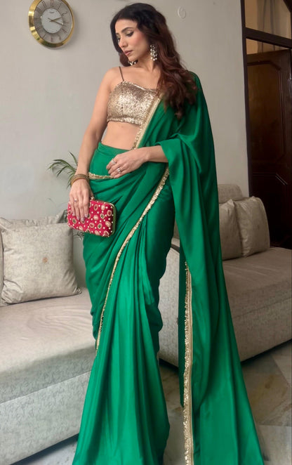 Dhiyona ST Crepe Green Saree with Sequin Laces and Self Blouse Fabric
