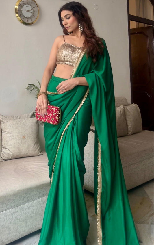Dhiyona ST Crepe Green Saree with Sequin Laces and Self Blouse Fabric