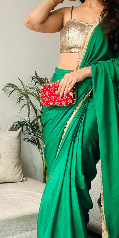Dhiyona ST Crepe Green Saree with Sequin Laces and Self Blouse Fabric