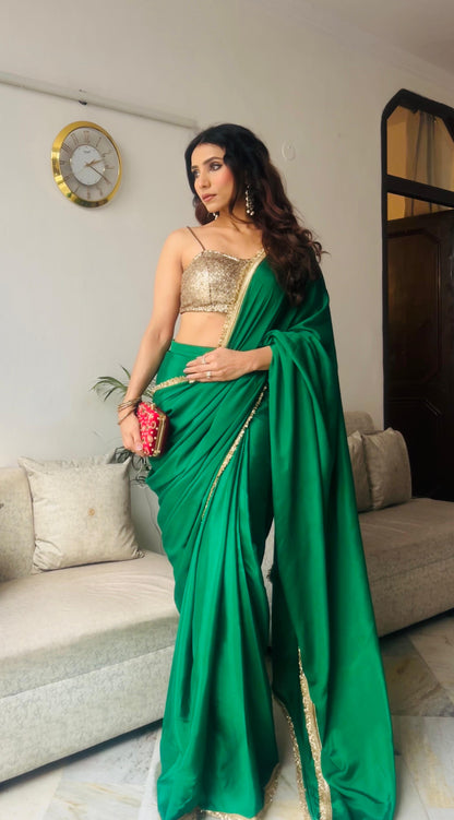Dhiyona ST Crepe Green Saree with Sequin Laces and Self Blouse Fabric