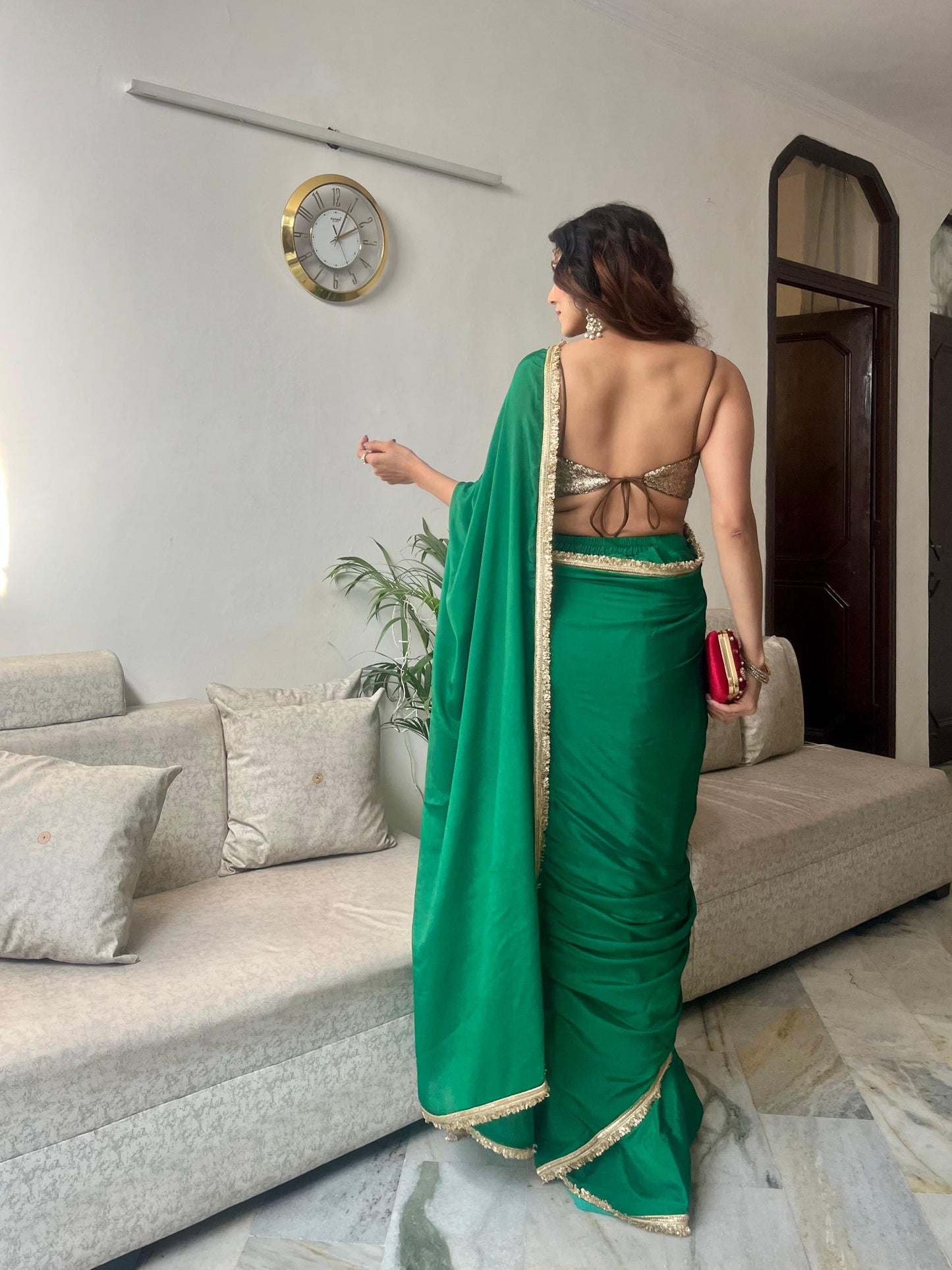 Dhiyona ST Crepe Green Saree with Sequin Laces and Self Blouse Fabric