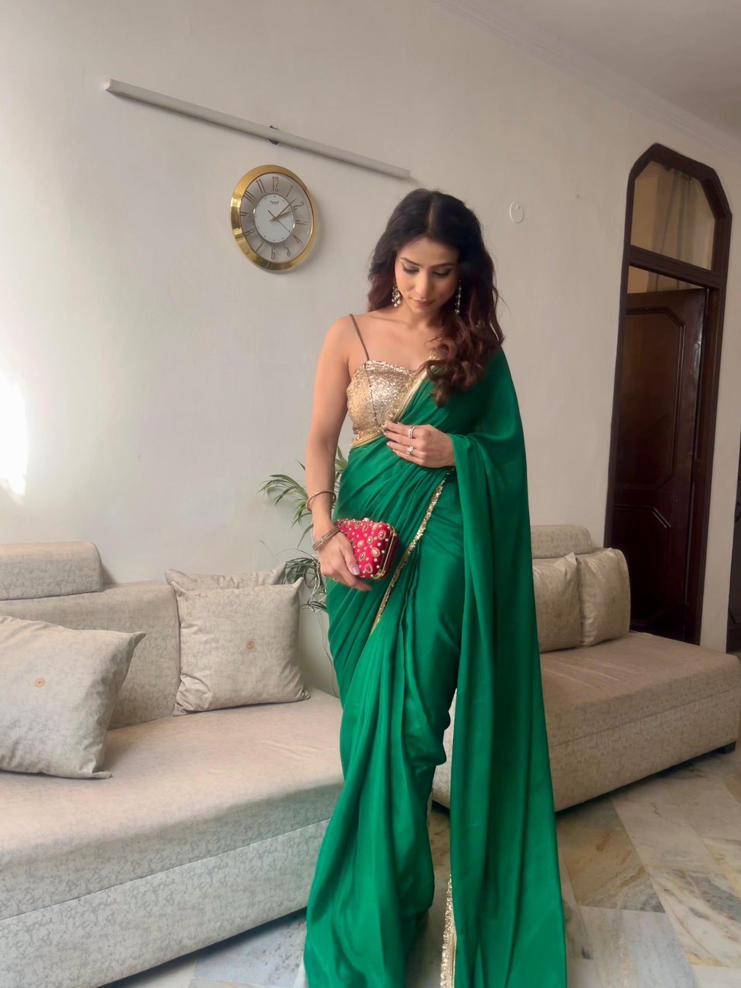 Dhiyona ST Crepe Green Saree with Sequin Laces and Self Blouse Fabric