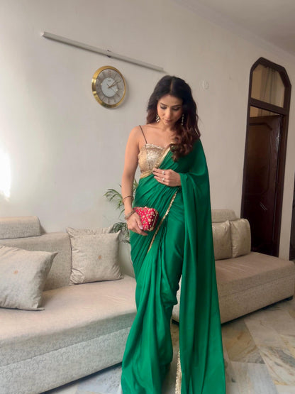 Dhiyona ST Crepe Green Saree with Sequin Laces and Self Blouse Fabric