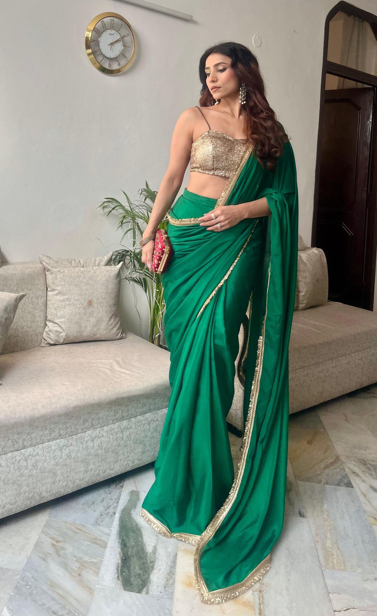 Dhiyona ST Crepe Green Saree with Sequin Laces and Self Blouse Fabric