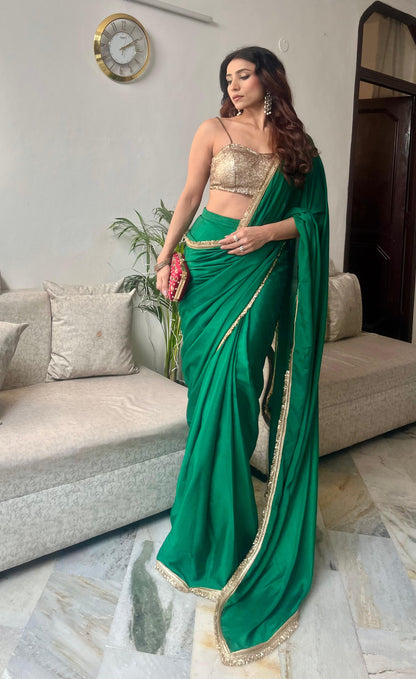 Dhiyona ST Crepe Green Saree with Sequin Laces and Self Blouse Fabric