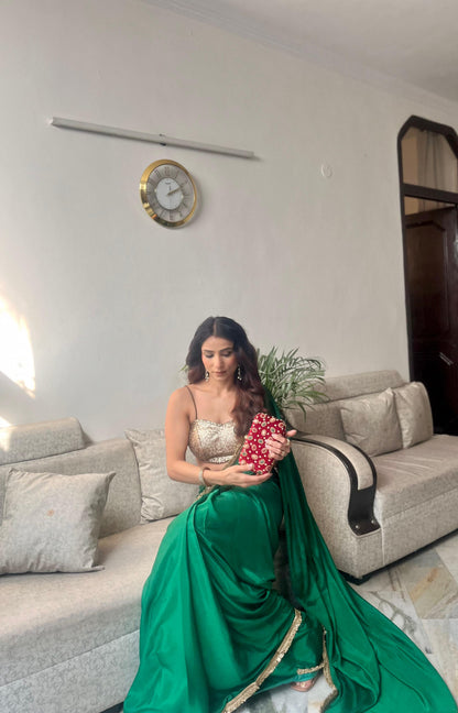 Dhiyona ST Crepe Green Saree with Sequin Laces and Self Blouse Fabric