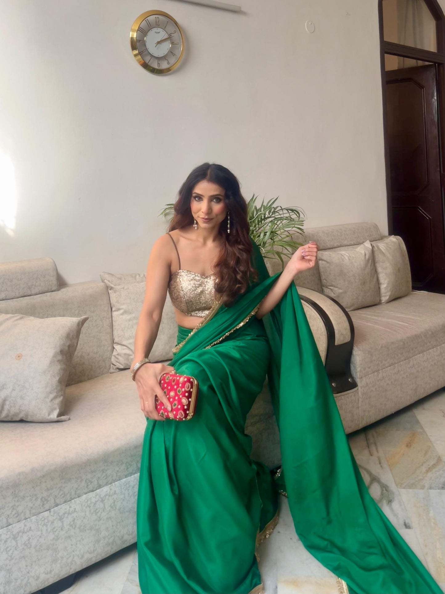 Dhiyona ST Crepe Green Saree with Sequin Laces and Self Blouse Fabric