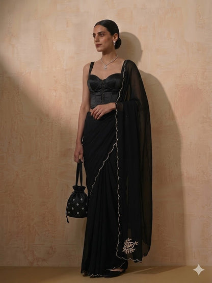Dhiyona ST Black Chiffon Saree with Scallop and Hand Beading with Self Fabric Blouse