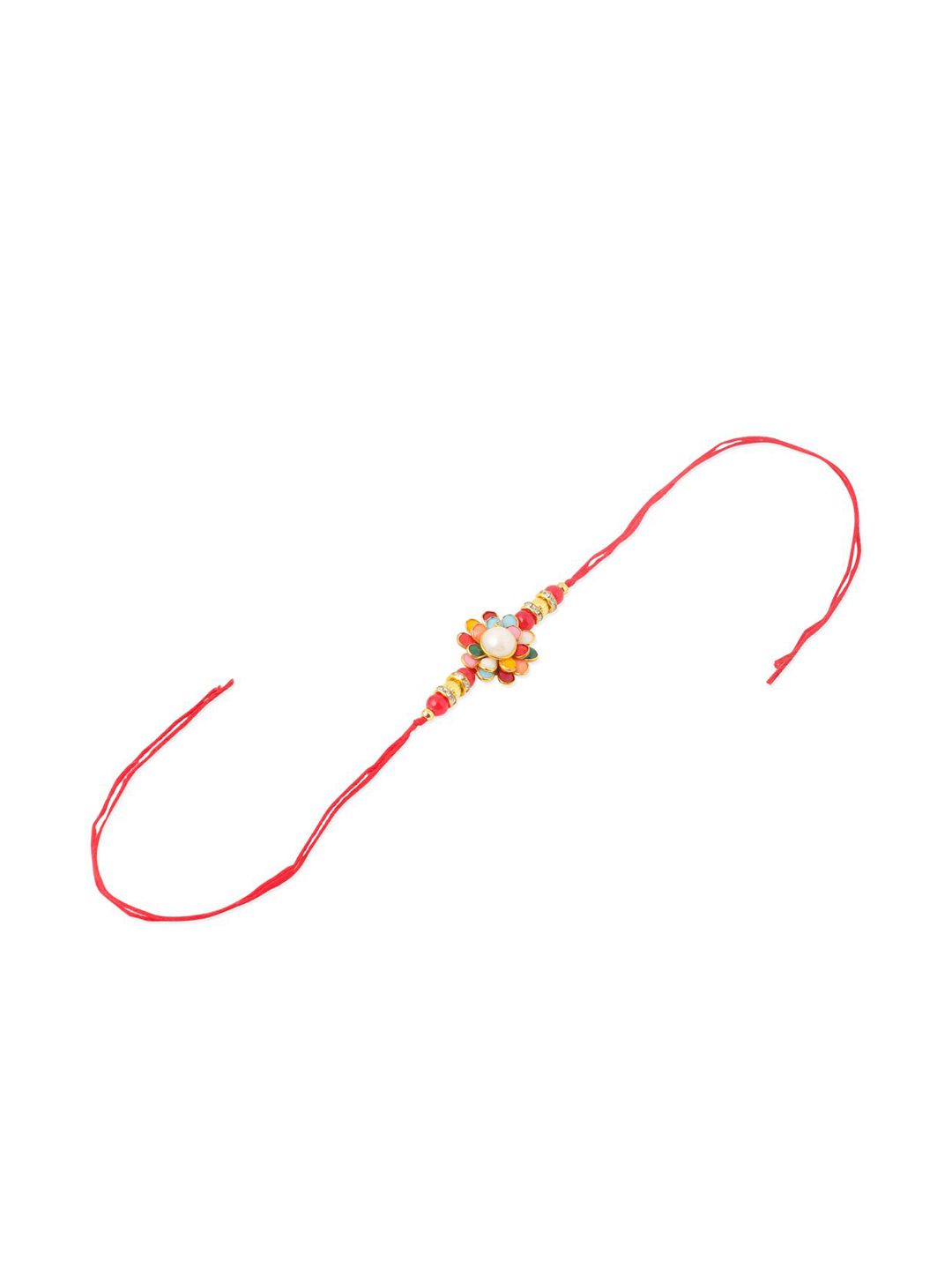 Dhiyona Artificial Stones Studded & Beaded Thread Rakhi With Roli Chawal & Chandan Mishri