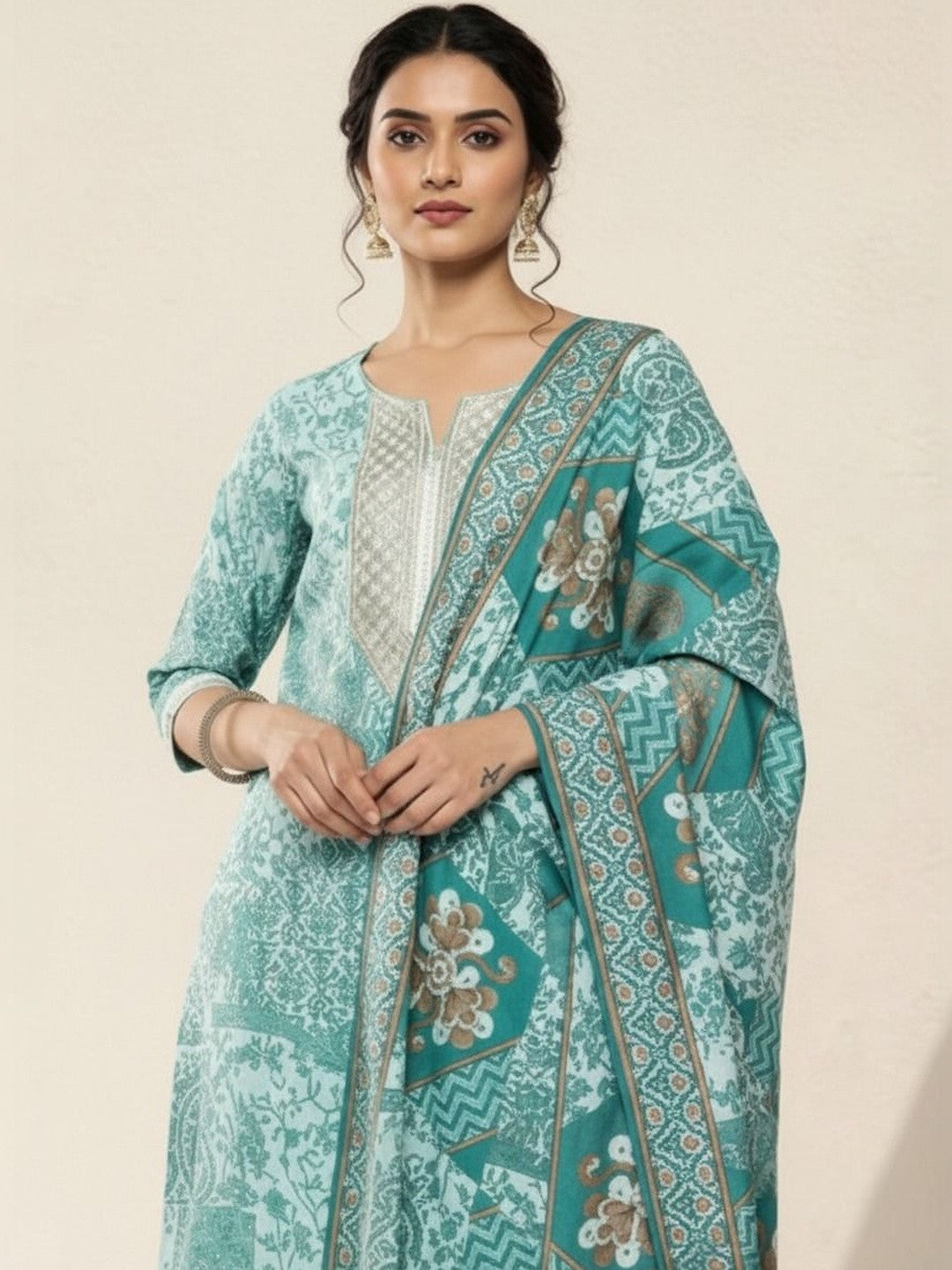 Women Ethnic Motifs Printed Regular Thread Work Kurta with Trousers & With Dupatta