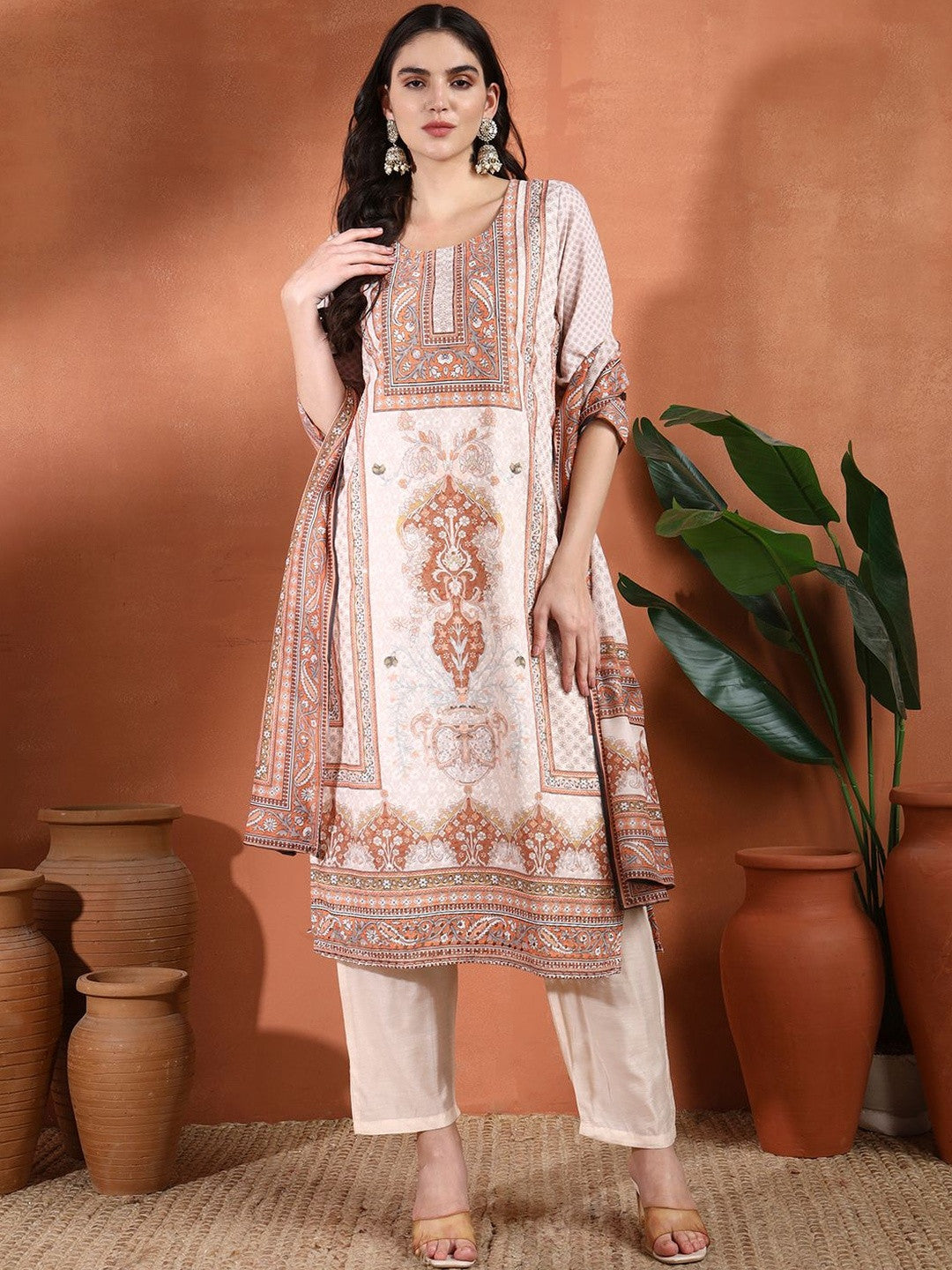 Dhiyona SN Ethnic Motifs Printed Pure Cotton Straight Kurta with Trouser & Dupatta