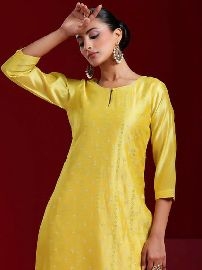 Women's LB Art Yellow Embroidered Chanderi Silk Straight Suit With Dupatta