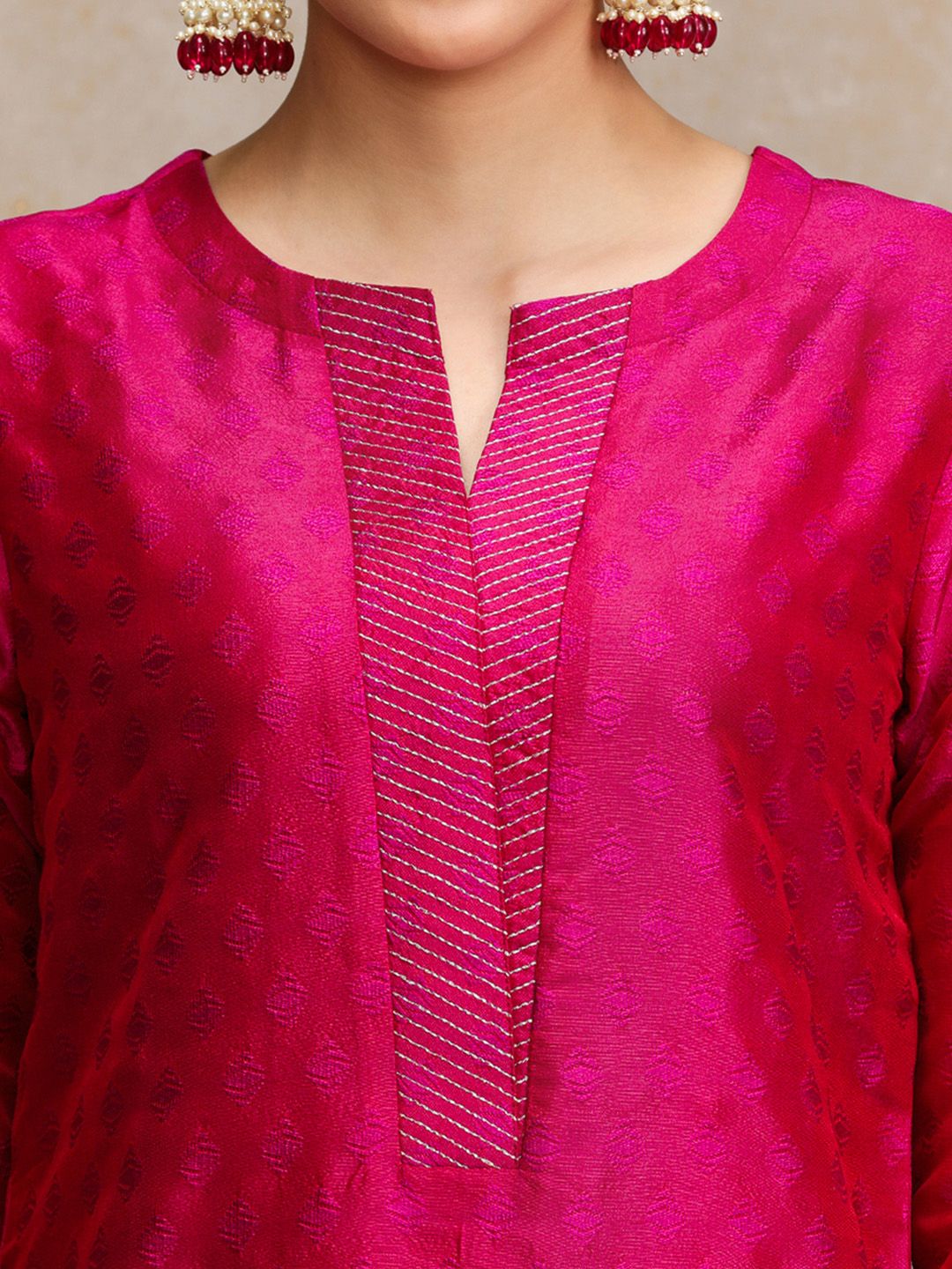 Pink Women Pink Zari Work textured Kurta with Trouser and Printed Dupatta