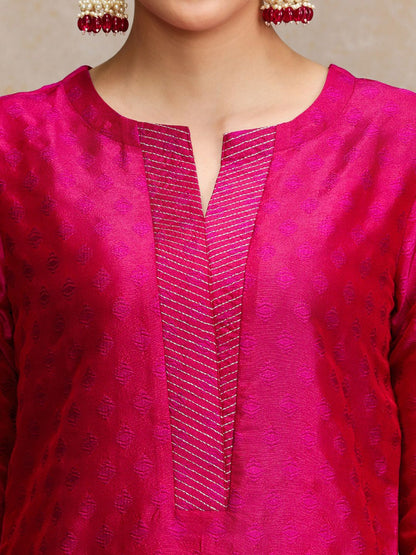Pink Women Pink Zari Work textured Kurta with Trouser and Printed Dupatta