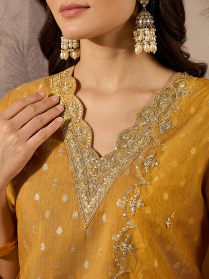 Embroidered Cotton V-Neck Kurta & Trousers With Dupatta
