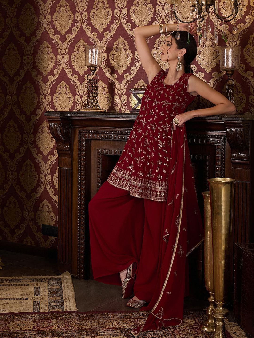 Dhiyona CH Floral Embroidered Sequinned Anarkali Kurta With Palazzos & Dupatta