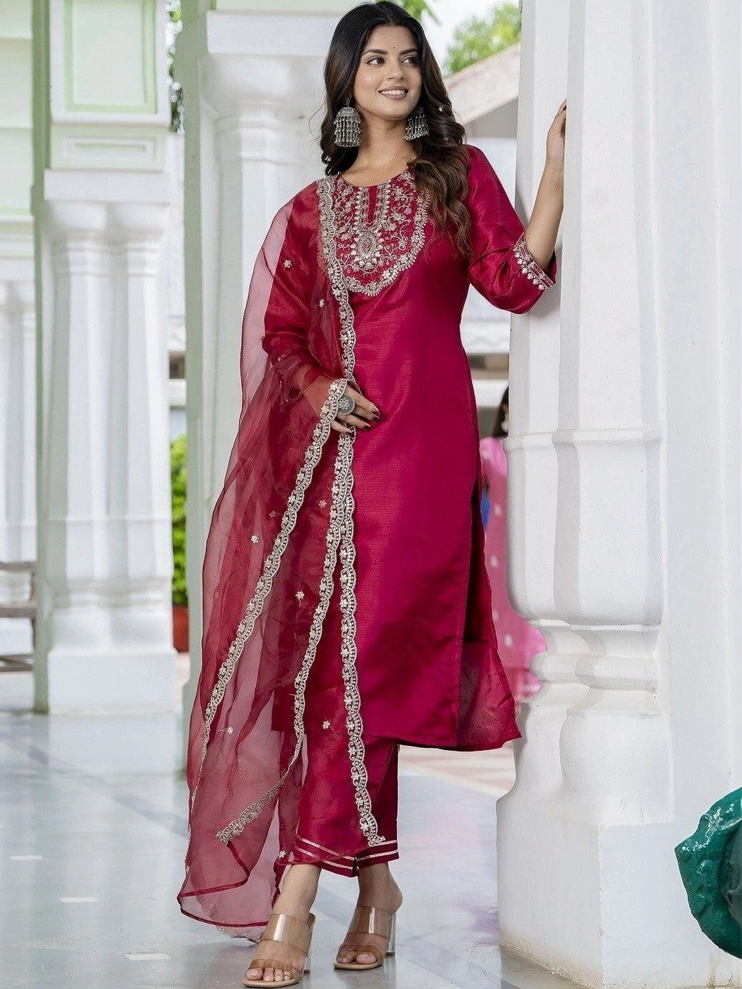 Women Embroidered Regular Kurta with Trousers & With Dupatta