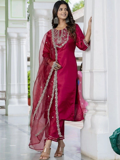 Women Embroidered Regular Kurta with Trousers & With Dupatta