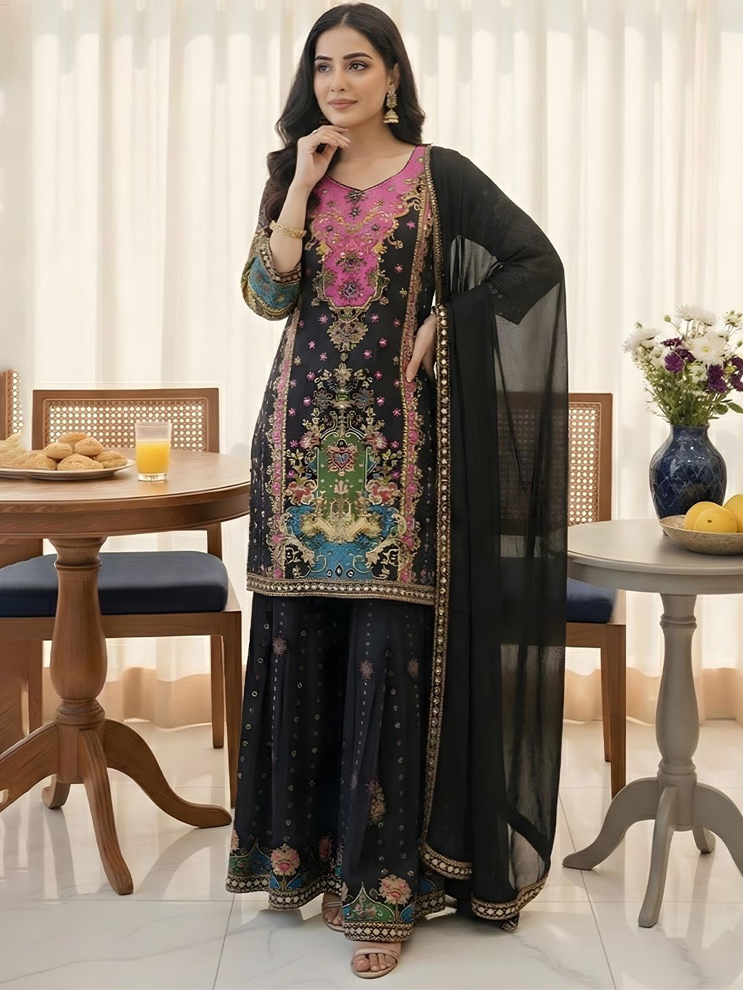 Dhiyona AN Women Ethnic Motifs Printed Panelled Gotta Patti Silk Crepe Kurta with Sharara & With Dupatta