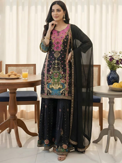 Dhiyona AN Women Ethnic Motifs Printed Panelled Gotta Patti Silk Crepe Kurta with Sharara & With Dupatta