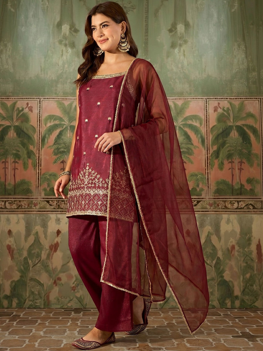 Embroidered Round Neck Kurta & Palazzos With Dupatta