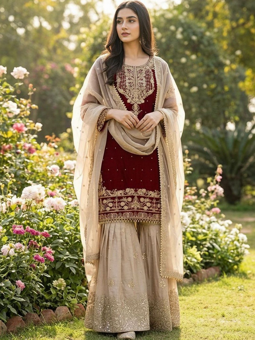 Dhiyona KL Women Ethnic Motifs Embroidered Regular Thread Work Kurta with Sharara & With Dupatta