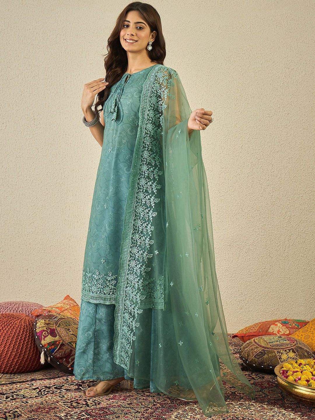 Dhiyona IN Women Floral Embroidered Kurta with Sharara & Dupatta