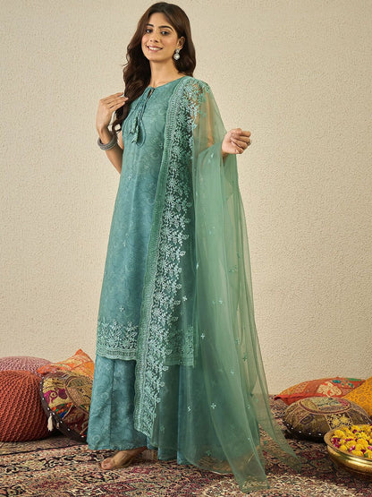 Dhiyona IN Women Floral Embroidered Kurta with Sharara & Dupatta
