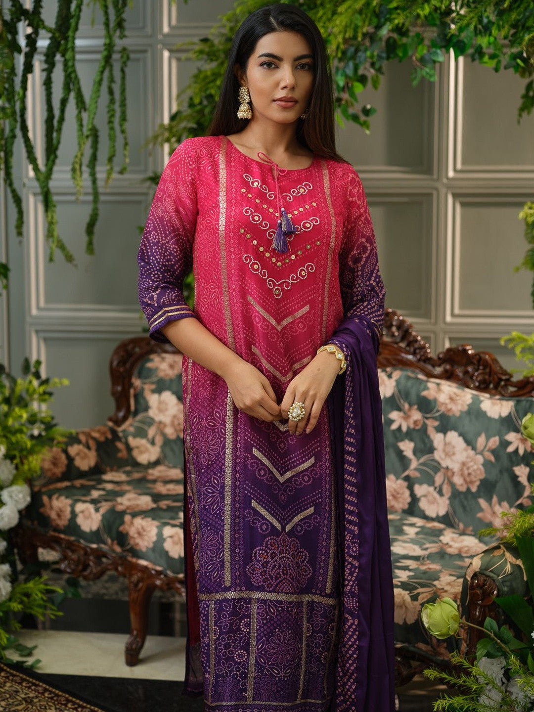 Bandhani Printed Sequinned Straight Kurta with Trousers & Dupatta