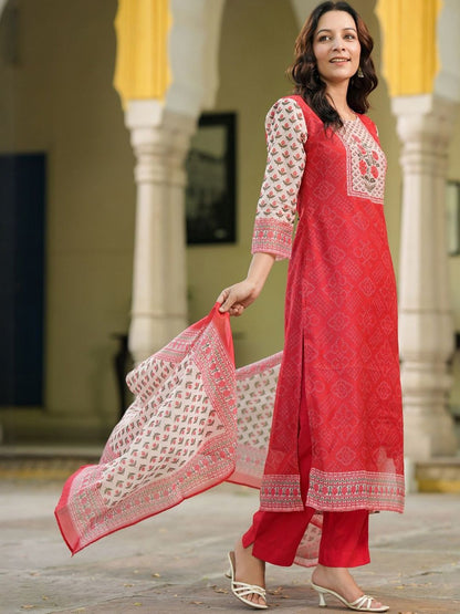 Dhiyona RR Women's Bandhani Printed Sequinned Chanderi Cotton Kurta With Trousers & Dupatta