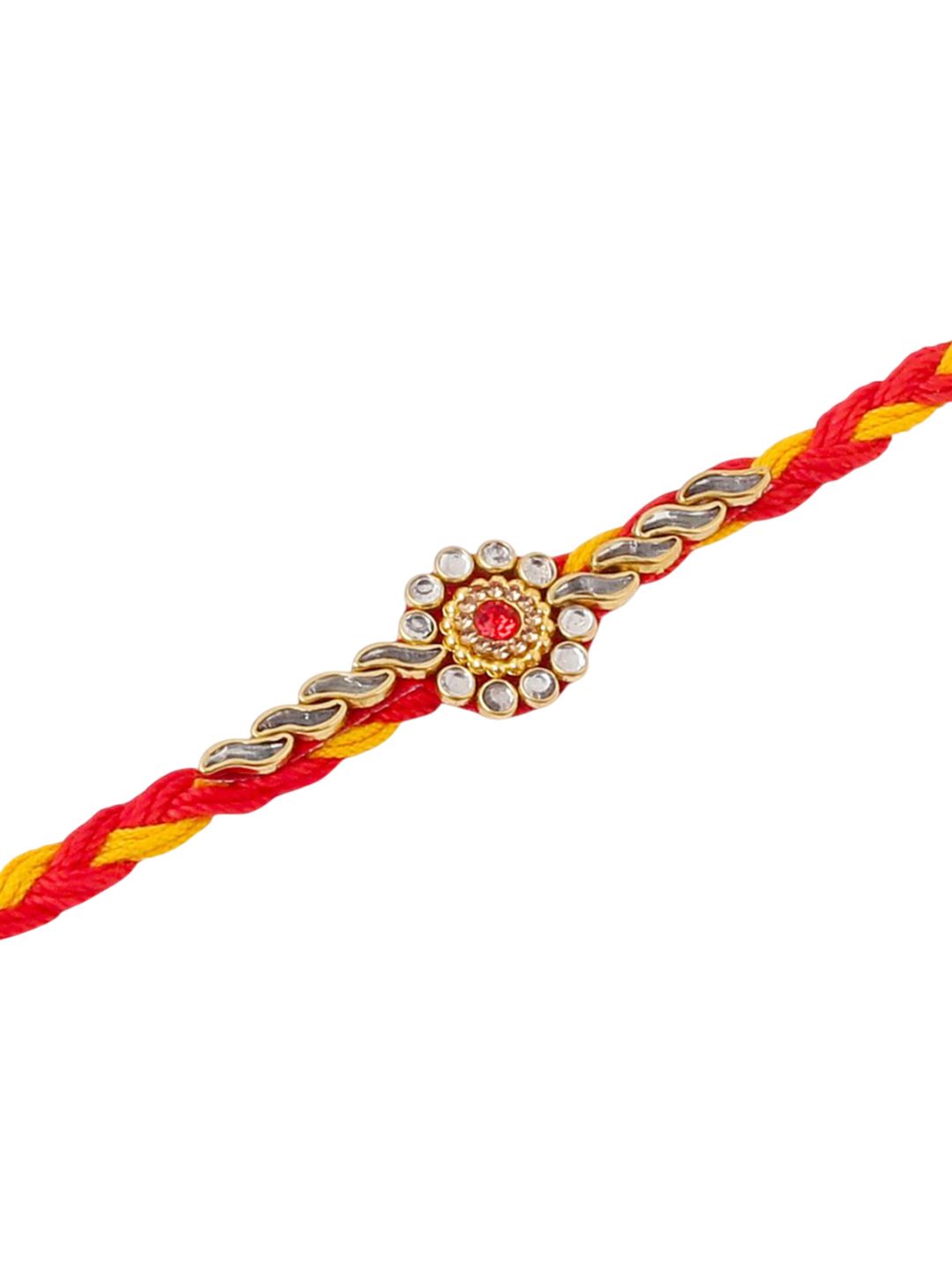 Dhiyona Men Set Of 3 Red & Yellow Kundan Studded Floral Design Thread Rakhi With Roli Chawal