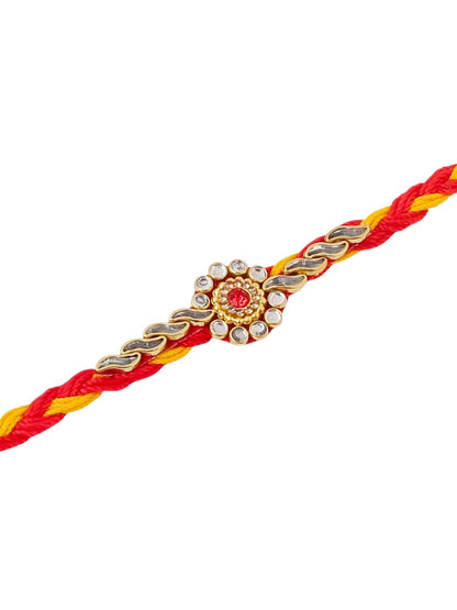 Dhiyona Men Set Of 3 Red & Yellow Kundan Studded Floral Design Thread Rakhi With Roli Chawal