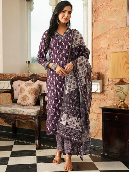 Dhiyona KL Ethnic Motifs Printed Straight Kurta With Trouser & Dupatta