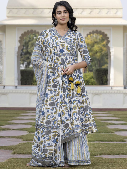 Dhiyona KL Floral Printed Angrakha A-Line Pure Cotton Kurta With Palazzos & Dupatta