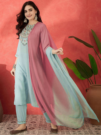 Floral Embroidered Round Neck Sequinned Straight Kurta Trousers & Dupatta